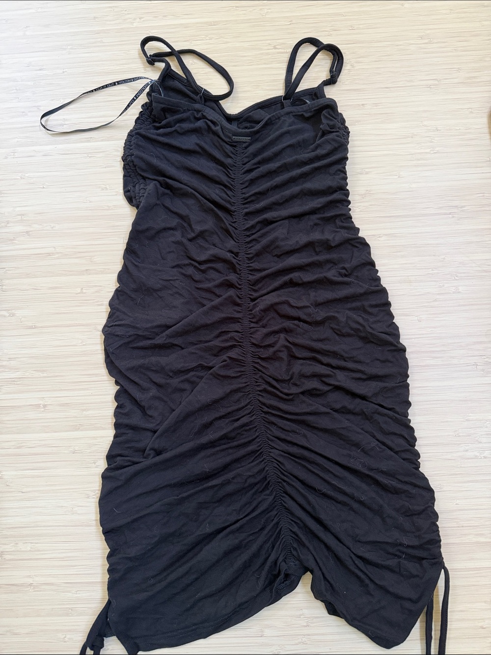 Ruched Black Spaghetti-Strap Mini Dress